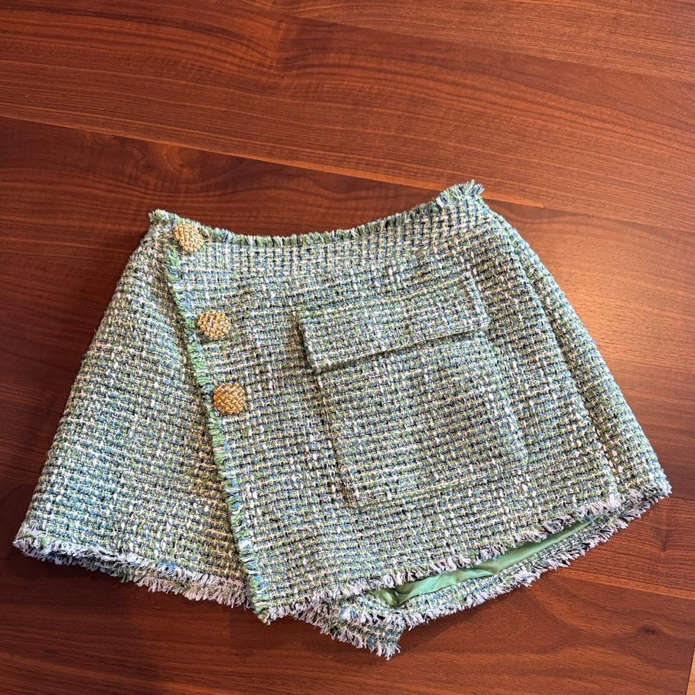 Self-Portrait Green Tweed Mini Skort Sz 2 - Picture 5 of 11